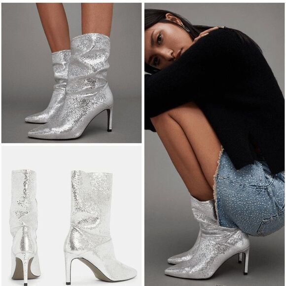 NEW! NWT ALL SAINTS Orlana Womens Metallic Pointed Toe Mid-Calf Boots size 6 - Picture 1 of 13